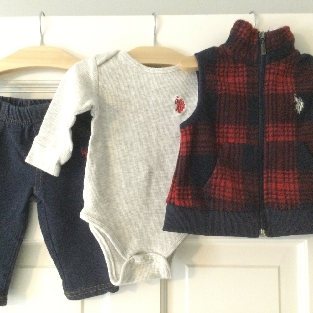 US Polo Assn Set: Soft Jean, Long Sleeve Onesie, and Sweater Vest (12 month)
